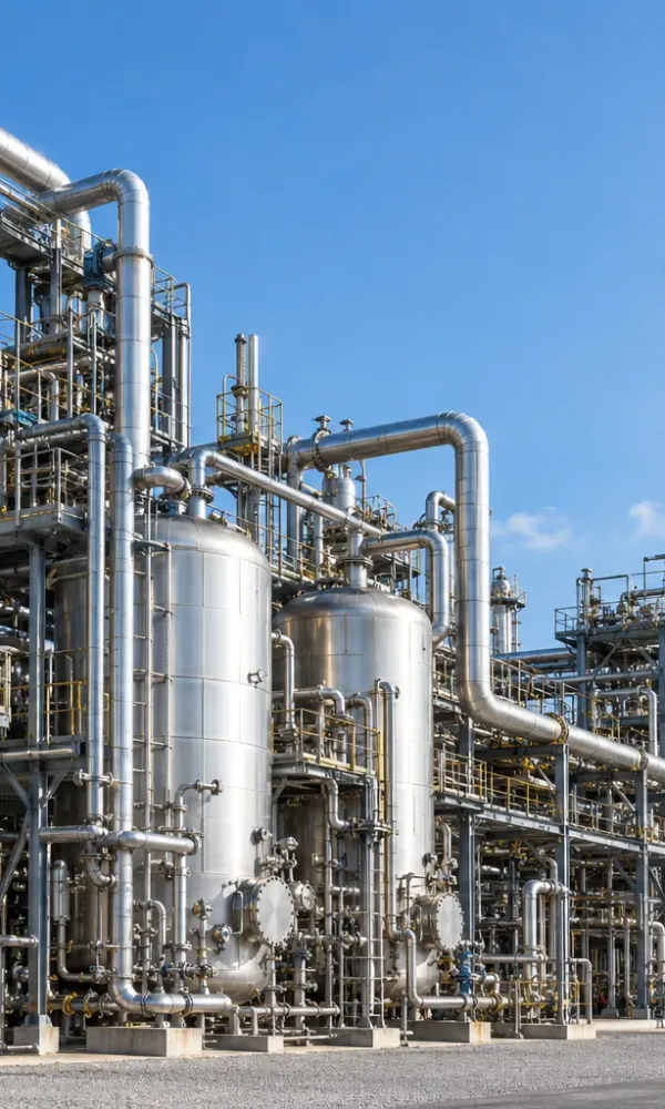 نمای کارخانه تولید اسید استیک با مخازن فلزی، لوله‌های صنعتی و برج‌های تقطیر